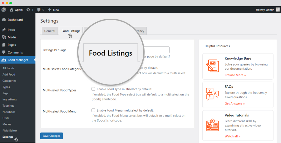 food listing tab