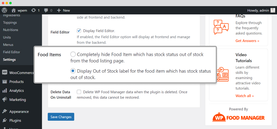 settings food items