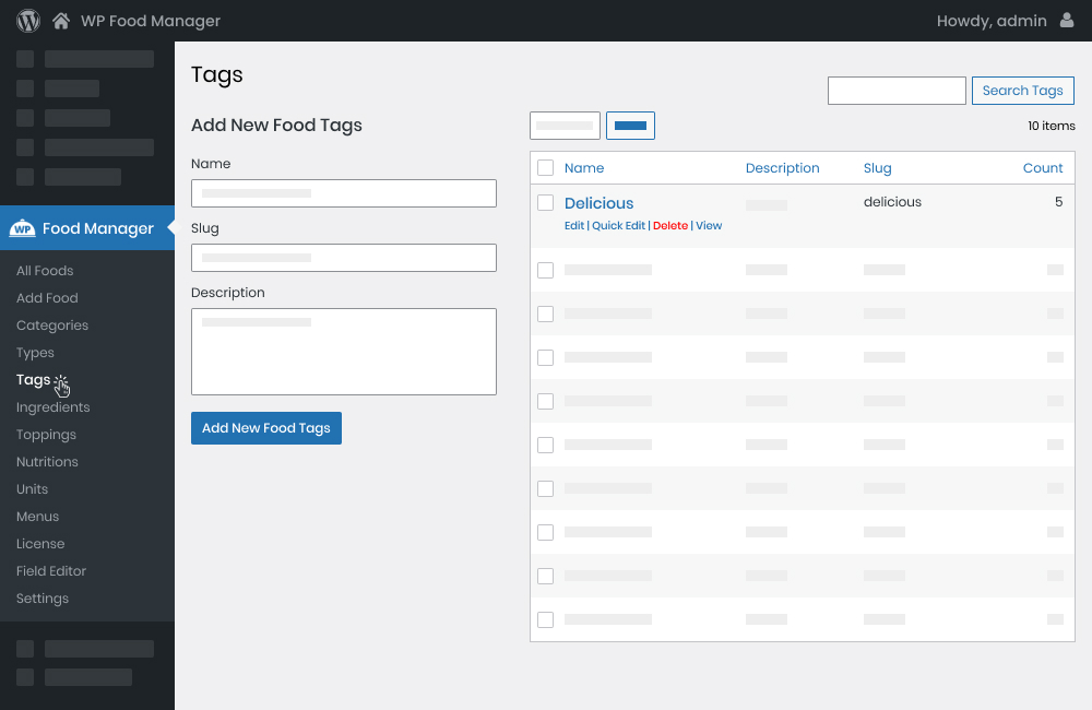 Manage Food Tags in the Admin Panel