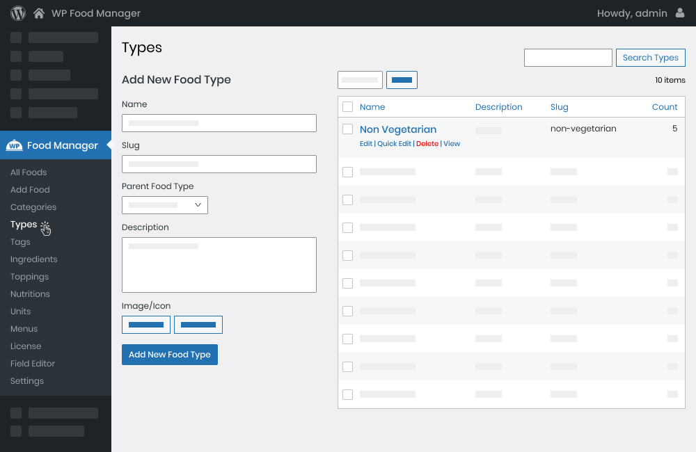 Manage Food Types in the Admin Panel